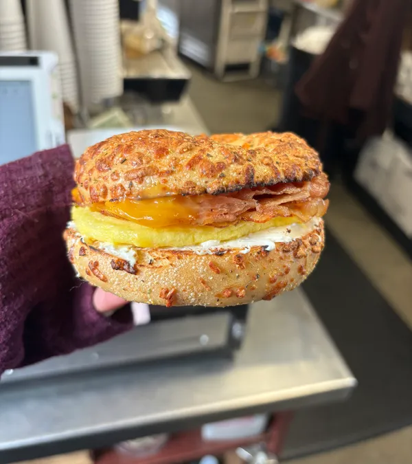 Bacon, egg, and cheese bagel breakfast sandwich