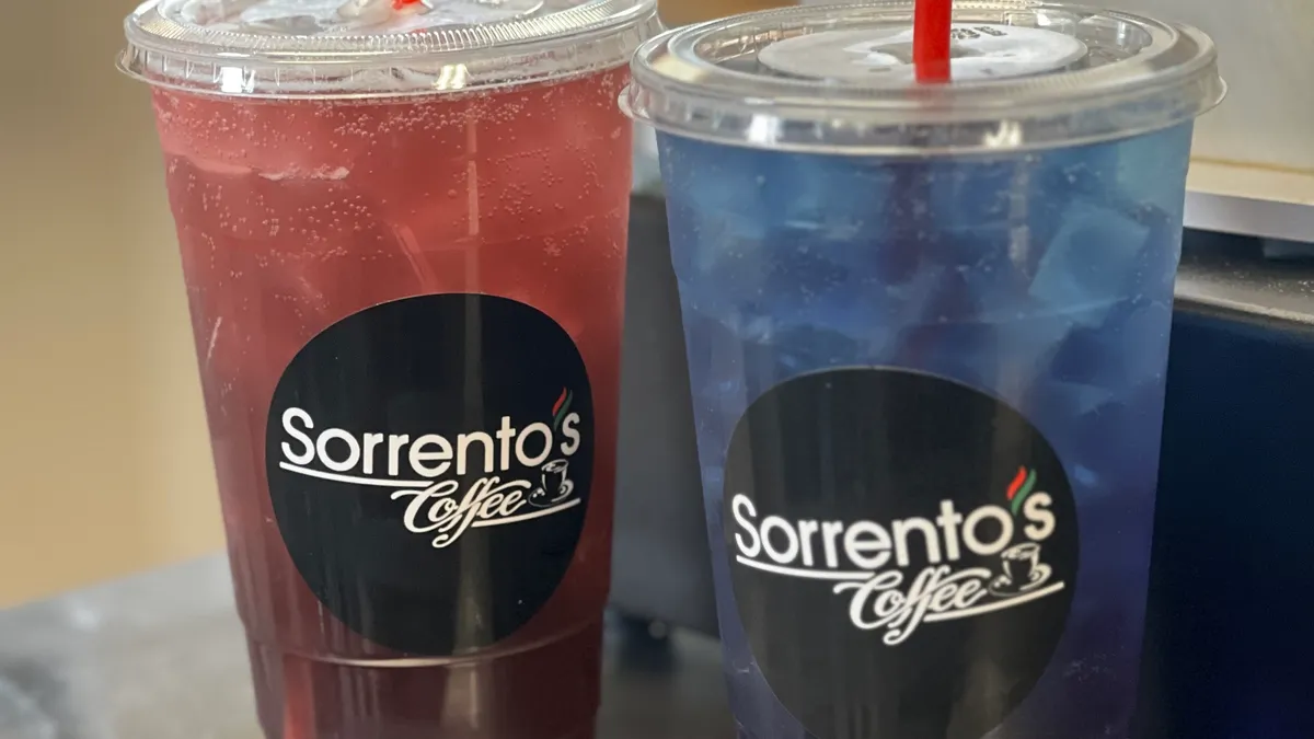 Red and blue Sorrento's Coffee energy drinks side by side
